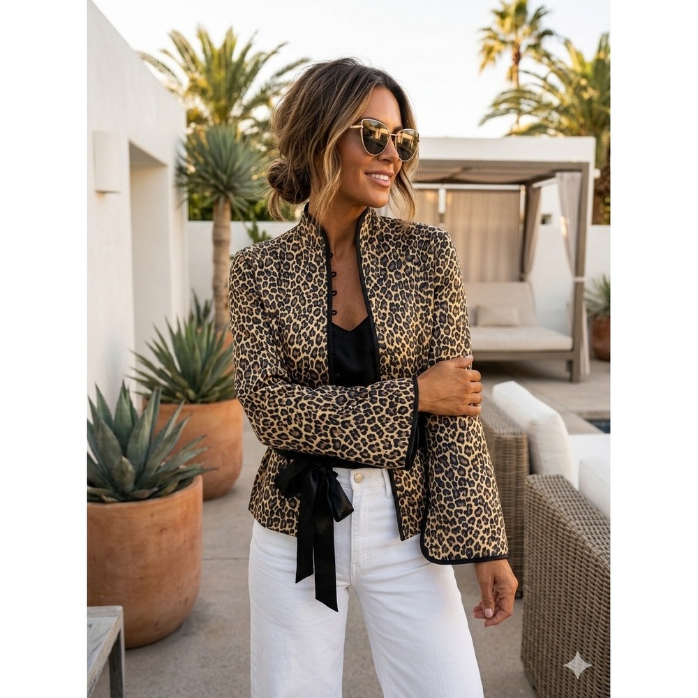 Club Monaco Leopard Print Tie Waist Jacket XS Brown Multi Satin Finish‎ NWT boho